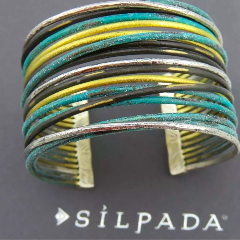 Silpada Vintage Sterling Silver Turquoise & G Cuff Bracelet with Textured Bands - Picture 2 of 10